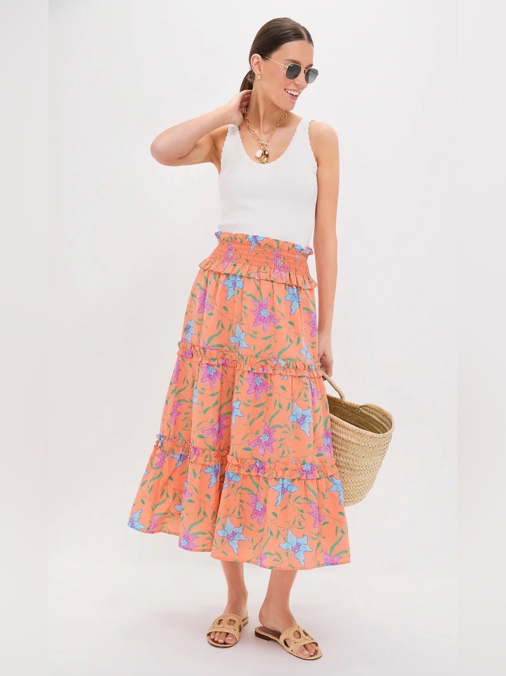 Women's Orange Floral Smocked Tiered Midi Skirt Odette Tuckernuck NWT XS
